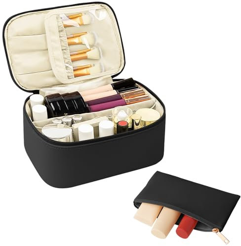 2 Stück Kosmetiktasche Damen Reise,Groß Kulturtasche Make Up Tasche, Tragbare Kulturbeutel Schminktasche Makeup Bag mit Griff und Abnehmbarem Trenner-Schwarz