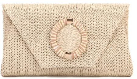 BWBIKE Women's Raffia Woven Clutch Purse – Elegante Umhängetasche aus Stroh für Sommer, Strand, Hochzeiten und formelle Partys, Envelope Handtasche mit abnehmbarem Kettenriemen, Beige