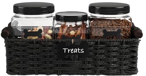 Geyecete Dog Treat Container for Countertop 3 Pack Clear Plastic Jars with Lids Pet Snack Organizer 32 Oz Square Containers with storage baskets