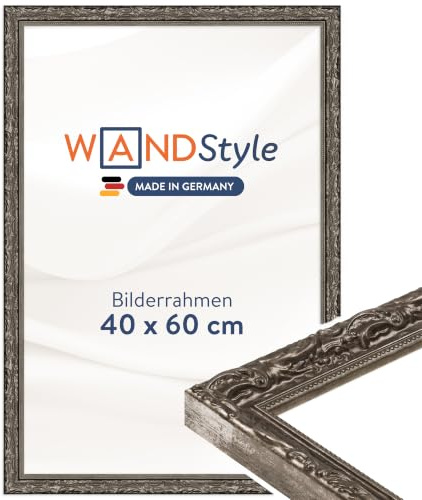 WANDStyle silberner Bilderrahmen 40x60 Holz, Bilderrahmen Silber Vintage | Hochwertiger Holzbilderrahmen Antik, Posterrahmen zum Aufhängen, Rahmen 60x40 cm, Fotorahmen H530 Made in Germany