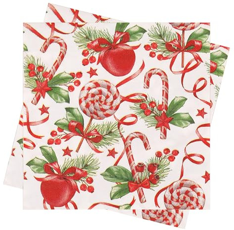Trimming Shop 20pcs Red Christmas Paper Napkins - 2 ply 33cm Festive Table Napkins with Candy Canes, Baubles, Holly & Poinsettia for Xmas Dinner, Parties, Banquets & Winter Table Decorations