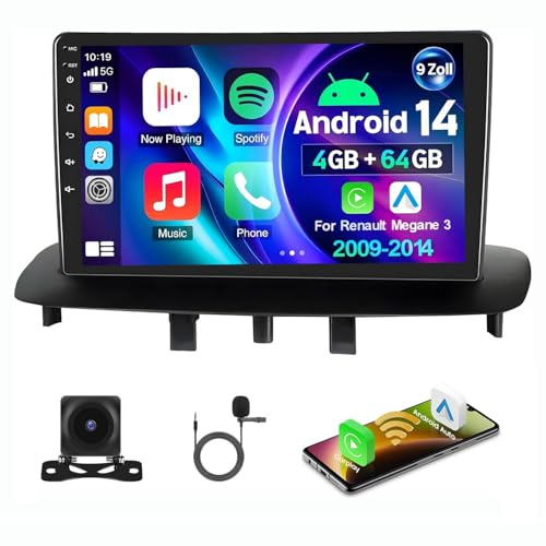 Android Coche Radio para Renault Megane 3 2009-2014 con 9 Pulgadas Pantalla Táctil,CarPlay/Android Auto GPS WiFi Bluetooth FM/RDS Cámara Trasera 4+64G