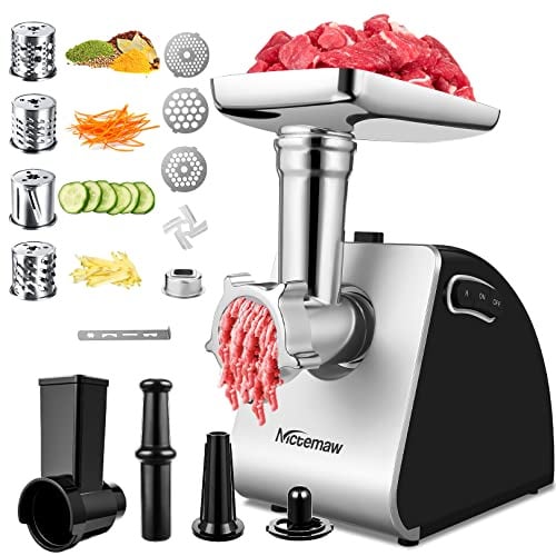 COOCHEER 5 in 1 Fleischwolf Elektrisch 2000W Reibe mit 4 Raspeln, Edelstahl | Hackfleischmaschine mit Wurstaufsatz, 4 Raspeln, 3 Lochscheiben, Keksaufsatz & Kubbe-Kit für Fleisch, Gemüse, Käse & Gebäck