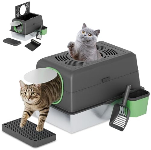 YODOLLA XXL Katzentoilette, Edelstahl Katzenklo mit Deckel, Schaufel und Pedal, Dichtesign für Große Katzen, 60x40x38cm (Schwarz)