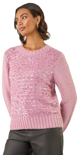 Roman Originals Women Sparkly Embellished Jumper Ladies Diamante Sequin Hotfix Winter Sweater NYE New Year's Eve Christmas Party Going Out Shiny Smart Work Pullover - Pink Sparkle - Size 20