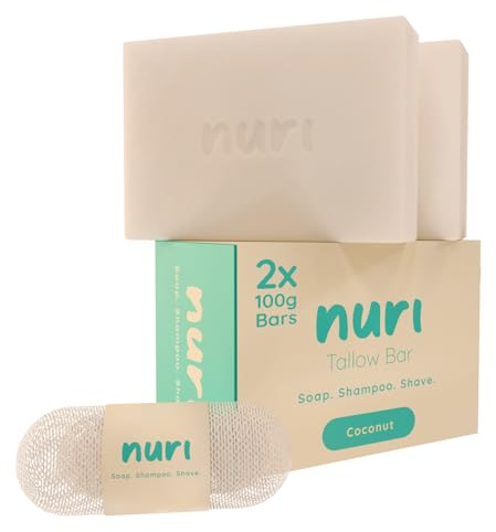 Nuri Tallow Soap 2 x 100G Multipack – Coconut Luxury Soap – Luxurious Multi-Use Bars for Skin, Body, Hair & Shaving – Nourishing, Moisturising & Natural – Rich Creamy Lather – 100% Toxin-Free