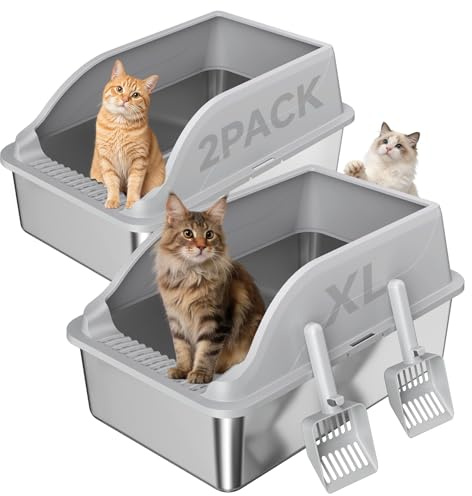 2PACK Stainless Steel Cat Litter Boxes XL Large Metal Pan Include Scoop | Open Top Litter Pan Include Scoo，Scoop Easy Cleaning Anti-Scratch Kitty Cat Box Anti-Urine Leakage, Non-Sticky
