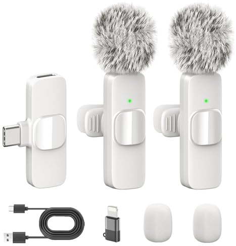 White Wireless Lavalier Microphone for iPhone & Android - Mini Clip-On Mic with Noise Cancellation 2 Pack Lapel Mic Plug and Play Wireless Mic for Video Recording Interview Podcast Vlog YouTube