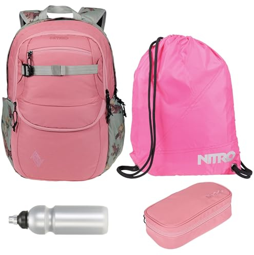 NITRO Schulrucksack 4 Teile Set Box Beutel Future Hero Woodrose 1997 rtmf | Schulrucksack Jungen Mädchen Schultasche Schulmappe Rucksack Box Sportbeutel Trinkflasche Laptopfach