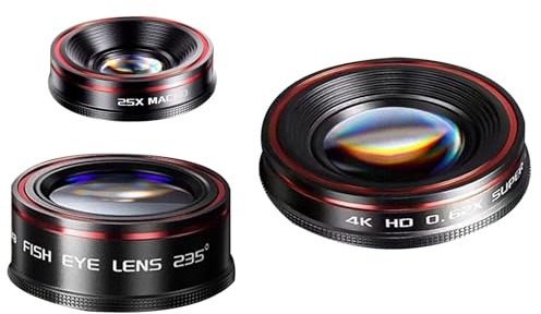 Annadue Kit D'Objectif D'appareil Photo 3 en 1 pour Smartphone, Objectif Macro Fisheye 235 Degrés Grand Angle 120 Degrés 25X avec Réglable, pour la Plupart des Smartphones et