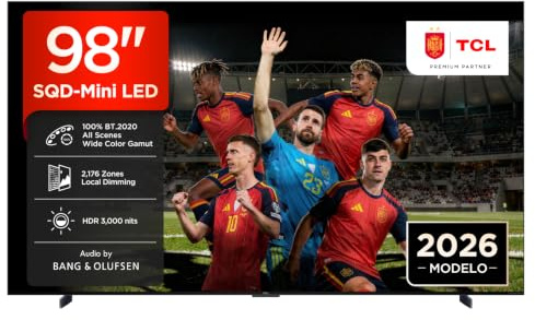 TCL 98C7L 98 Pulgadas SQD-Mini LED 4K HDR10+ Smart TV, 3.000 Nits | 2.176 Zonas de Atenuación, Dolby Vision IQ & Atmos, Audio by Bang & Olufsen, Game Master, 144Hz VRR, Apple AirPlay 2