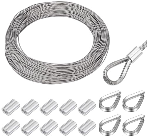BENECREAT Cavo In Acciaio Inox 304 Da 100m, Cavo A 7x7 fili Rivestito In Plastica Da 2mm con 20 capicorda e 80 manicotti In Alluminio per Appendere Luci Decorative.