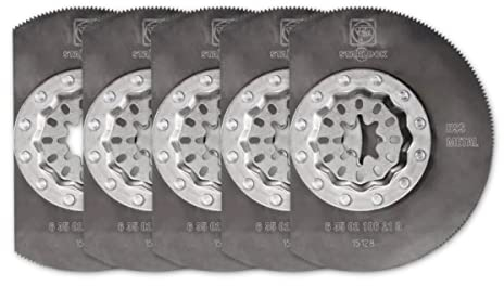 FEIN Voll-HSS-Sägeblatt Ø 85 mm, Ve. 5 St., Aufnahme Starlock, mit Metall-Verzahnung für Blech bis ca. 1 mm. Segmentiert, ideal zum Arbeiten in Ecken und an Kanten ohne Überschnitt.