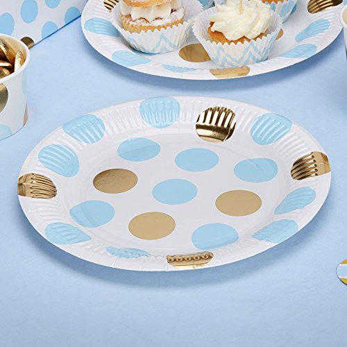 Premium Weddings Pappteller Punkte hellblau Gold 23 cm 8 Stück - Einwegteller Hochzeit Punkte hellblau Gold Partyteller Baby Shower Babyparty Kindergeburtstag Dots hellblau Gold