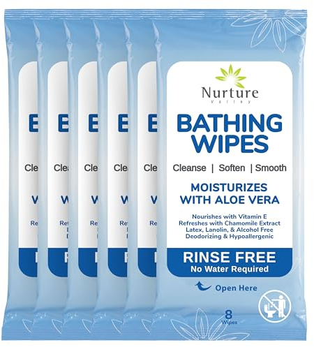 Nurture Valley Rinse Free Bathing Wipes (6-Pack) | 48 Microwavable Adult No Water Rinse Free Wash Cloths with Aloe Vera and Vitamin E - 6 Packs of 8 Wipes