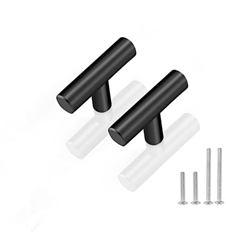 PinLin 5 Pack Kitchen Door Handles Single Hole Flat Black Cabinet Handles Stainless Steel Cupboard T Bar Handle (Screws Included)
