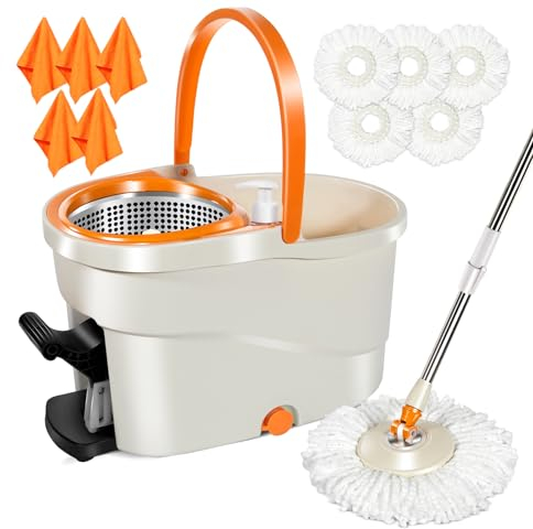 MASTERTOP Spin Mop and Bucket with Wringer Set, Floor Cleaning System, Easy Wring Foot Pedal, Stainless Steel Mop Handle, 5 Microfiber Refills, 5 Cleaning Clothes, Hardwood Laminate Tiles