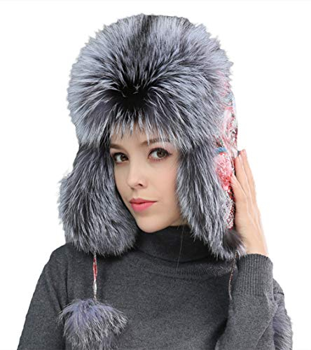 Insun Damen Fliegermütze Fellmütze Pelzmütze Wintermütze Faux Fuchs Fell Warm Weich Hut Grau Blumenmuster 52-60cm