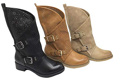 Stivali Primaverili Estivi da Donna Traforati Biker Motociclista Moda Nero Nuovi Estate novità Nero Beige Tacco Basso Comodi Fibbia G628 (Beige, Numeric_36)