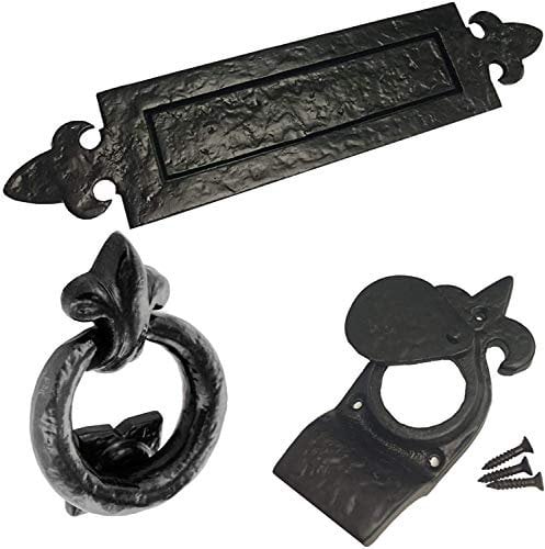 Dzina Letter Box Plate Fleur De LYS, Cylinder Pull and Ring Door Knocker Set, Antique Black