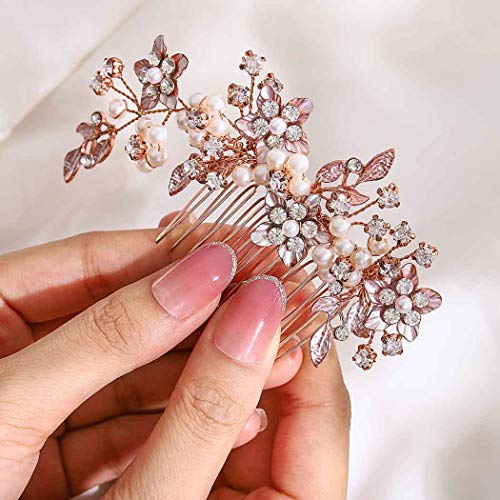 IYOU Pettine per capelli da sposa con fiore argentato con strass accessorio per capelli da sposa per donne e ragazze (oro rosa)