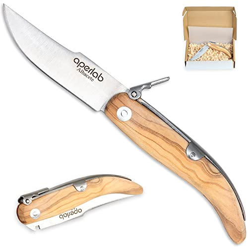 Aperlab, Navaja de Albacete, hecha a mano fabricada de forma artesanal, hoja de acero inoxidable y cachas en madera de olivo natural, plegable y con seguro para que no se cierre sola. (Hoja de 8,5 cm)