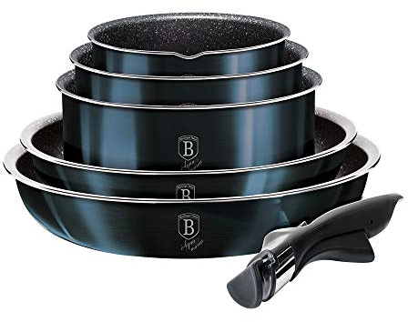 12 Pcs Colorful Space Saving Cookware Frying Pan Sauce Pan Casserole Pot Set Induction Lid Handles (Aquamarine)