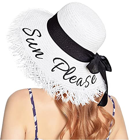 Carnavalife Sombrero de Paja para Mujer, Pamela de Verano para Sol con Letras Tejidos a Mano de Cinta Negra, Gorras Plegable y Flexible de ala extra Ancha (Blanco, 57cm)