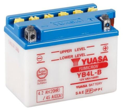 Batterie moto Yuasa YB4L-B Dry - Livré sec - 12 V 4 Ah - Dimensions: 121 x 71 x 93 mm compatible avec PGO Comet 50 1993-1996