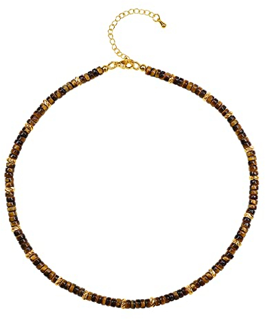 COAI Geschenkideen Damen Heishi Surfer Halskette Boho Bohemian Choker aus Tigerauge 18k Vergoldete Kette