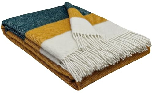 STTS International Wolldecke 100% Schurwolle Wohndecke in versch. Farben Tagesdecke Schurwolldecke Plaid 140 x 200 cm Tirol (Senf-Grün-Weiß (Streifen))