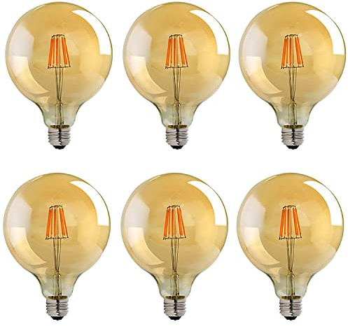 LEDSone 6 Pack E27 LED Light Bulbs 8W G125 Edison Screw Bulb 800lm Decorative Vintage Filament Lighting Clear Globe Glass CRI 90+ Warm White 2700K Dimmable