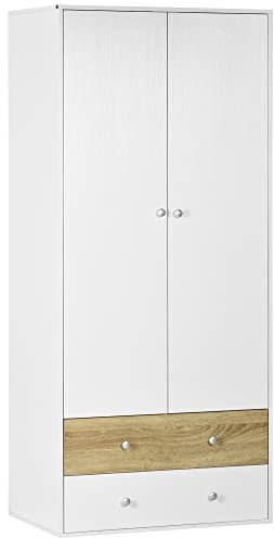 HOMCOM 2-Door Wardrobe with 2 Drawers, Hanging Rod and Anti-tipping Straps for Bedroom Clothes Storage Organisation, White
