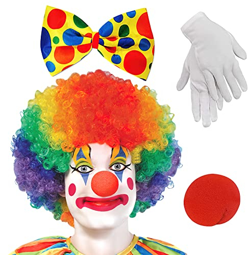 VOSSOT Clown Kostüm Accessoire, Clown Kostümzubehör, Clown Lockenperücke + Clownsnase + Bunte Krawatte + Handschuhe, Geeignet für Ostern, Arty Event, Karnevals Kostüm Cosplay