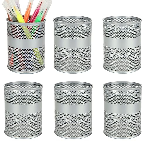 YAYODS 6 Pack Pen Pot, Pencil Holder for Desk, Silver Metal Mesh Pencil Pots for Classroom, Office, Pen Storage Stationary Office Supplies, Desk Organizer