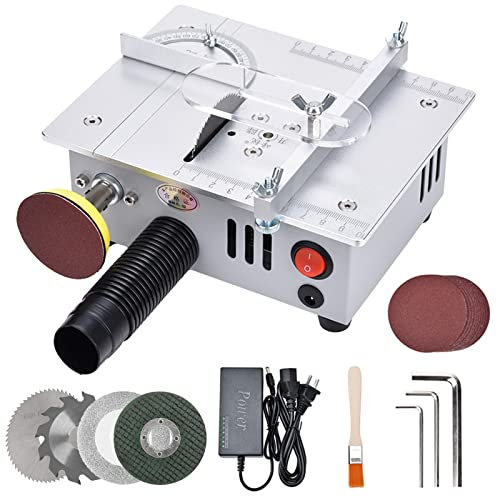 Mini Hobby Table Saw with Miter Gauge, Electric Table Bench Saw Adjustable Cut Depth Circular Saw Grinder for DIY Handmade Wooden Model Crafts Metal Wood Glass Stone Cutting