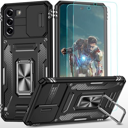 YmhxcY For Samsung Galaxy S21 Case,Military grade protective phone case，with [2 Packs] Screen Protector,Slide Camera Cover,360° Rotate metal Stand, for Samsung Galaxy S21 6.2''-Black