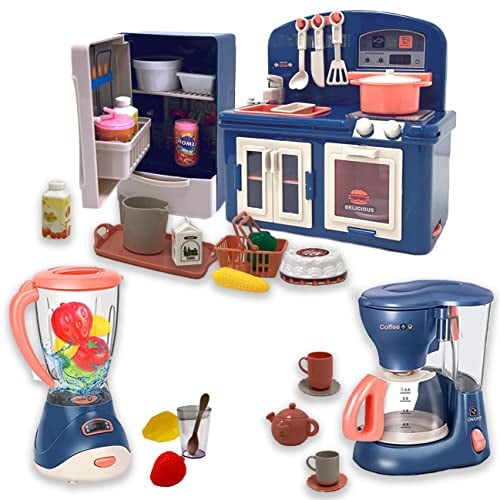 COO11 Kids Kitchen Appliance Toy Set with Blender, Coffee Maker, Refrigerator & Cooking Accessories - Realistic Pretend Play Kitchen Set with Light & Sound for Boys and Girls Ages 3+ Years