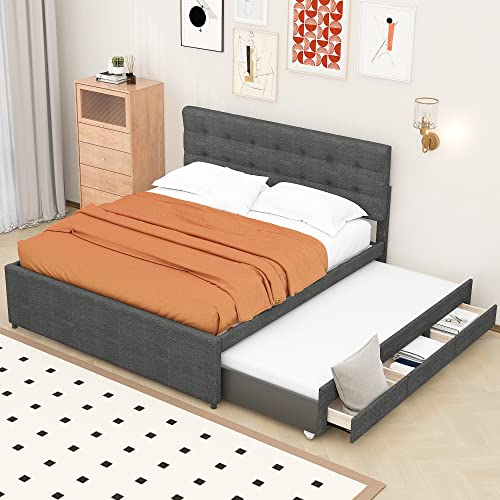 Sweiko Polsterbett 140x200cm, Familienbett mit Kinderbett/Gästebett, Doppelbett/Ehebett mit DREI Schubladen, ausziehbares Bett, Massivholzbett mit Lattenrost und Verstellbares Kopfteil, Grau