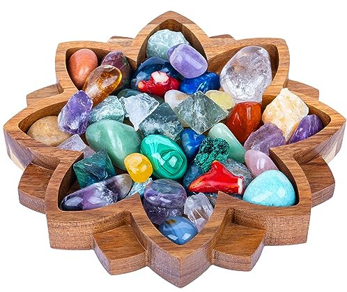 Curawood Lotus Crystal Tray - Holder and Organizer Bowl for Healing Stones - Shelf Display for Crystals