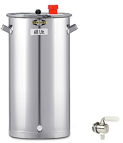 Gärbehälter Edelstahl 350 mm D, 60 Liter inklusive V2A Ablasshahn, Universalfass V2A Edelstahl für Lagerung, Transport und Vergären von Most, Wein, Saft, Gärfass Edelstahl 60L