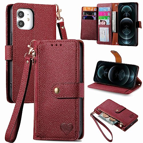 VEEMOS Zipper Wallet Case for Apple iPhone 12 / iPhone 12 Pro Phone Case with Purse Card Holders RFID Blocking Leather Flip Case Book Cover Wrist Strap Women - Red