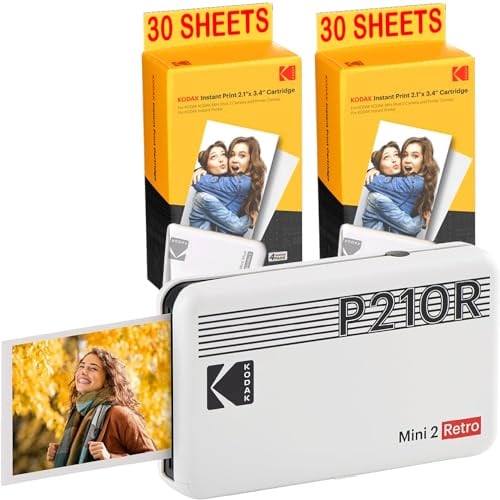 Kodak Mini-Drucker P210 Retro 2 + Patrone und Papier für 60 Fotos – Drucker mit Bluetooth – Fotos Format CB 5,3 x 8,6 cm – Lithium-Akku – Thermosublimation 4 Pass