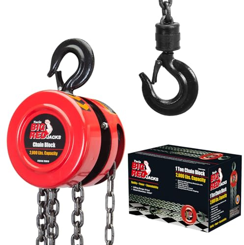 Big RED Manual Hand Chain Hoist with 2 Heavy Duty Hooks for Warehouse Automotive Machinery, 1 Ton (2,000lb) Capacity, 8ft/2.5m Red