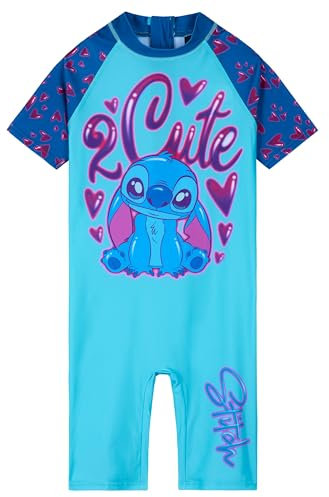 Disney Badeanzug Mädchen, Neoprenanzug Kurze Ärmel, Kurze Hose & Reißverschluss - Mädchen Geschenke (Blau/Dunkelblau Stitch, 4-5 Jahre)
