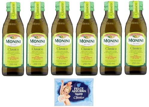 6er-Pack Monini CLASSICO Natives Olivenöl Extra,Olio Extra Vergine di Oliva,250ml Glasflaschen + 1er-Pack Kostenlos Felce Azzurra Talkumpuder, 100g-Beutel