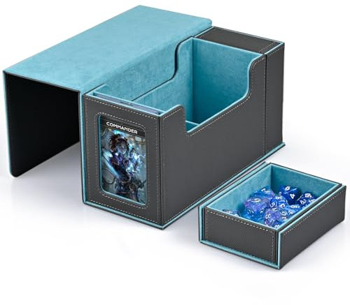 ZLCA Kartenspielbox mit Sichtfenster, MTG Commander Deck Box für 200 doppelseitige Karten mit Würfeltablett & 35pt Magnetkartenhalter-Grey Blue