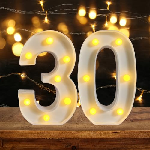 ZUOKEMY 30th Birthday Decoration LED Light up Numbers, Birthday Number Sign Light for Birthday Party Decoration Night Lit Anniversary Background Home Decoration Party (Number 30, White)
