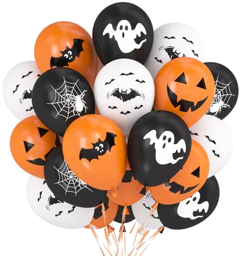 Halloween Latex Ballons, 60 Stück Fledermaus Geister Spinnen Kürbis Druckballon, Orange Weiß Schwarz Luftballons, Halloween Helium Ballons für Kinder Halloween Motto Party Dekoration
