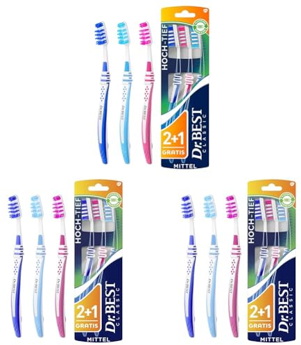 Dr.BEST Hoch-Tief Zahnbürste, Mittel, Vorteilspack(2+1Stück Gratis)Die kürzeren Borstenreihen reinigen die Zahnoberfläche, die längeren sind speziell für die Reinigung der Zahnzwischenräume konzipiert